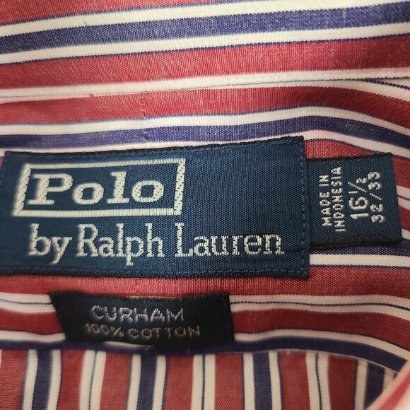 Polo Ralph Lauren Button Up Mens Red Blue White Curham Long Sleeve Sz 16.5 32/33 - Picture 2 of 5